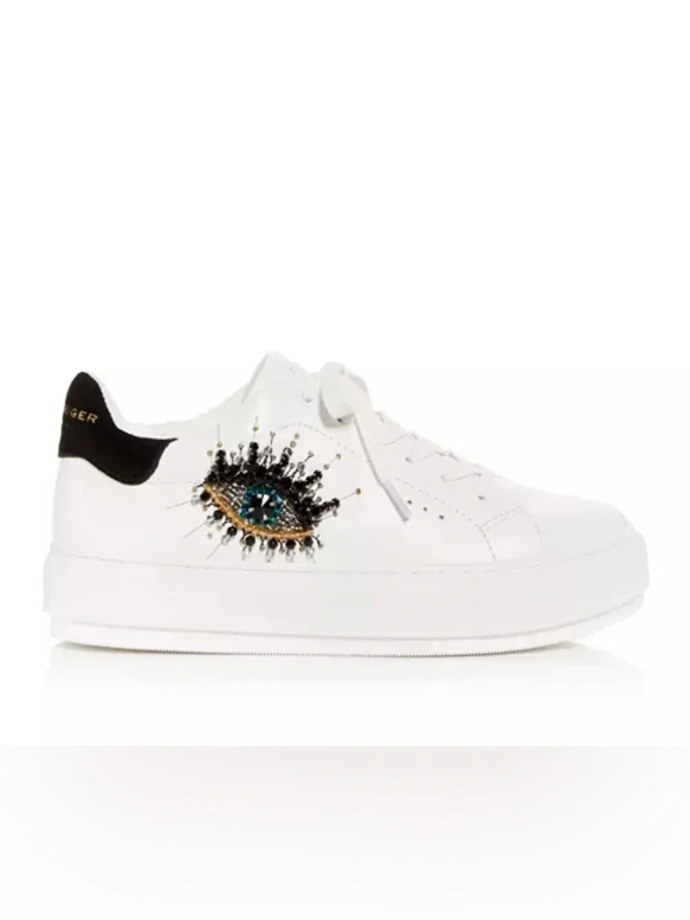 Kurt Geiger White Leather Platform Sneaker with Beaded Eye Motif